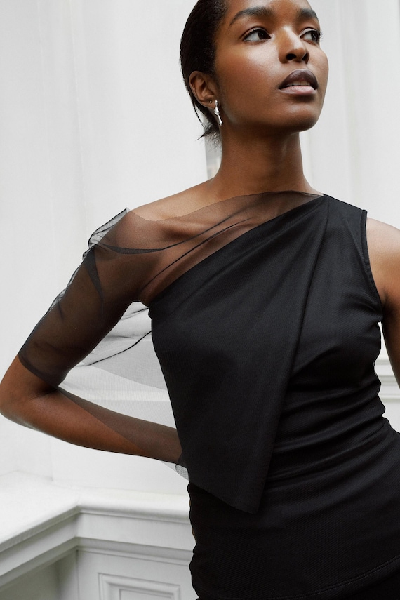 トップス marno maria blouse black Black Mesh Cocktail Top, Asymmetric Evening Top, Dressy Top