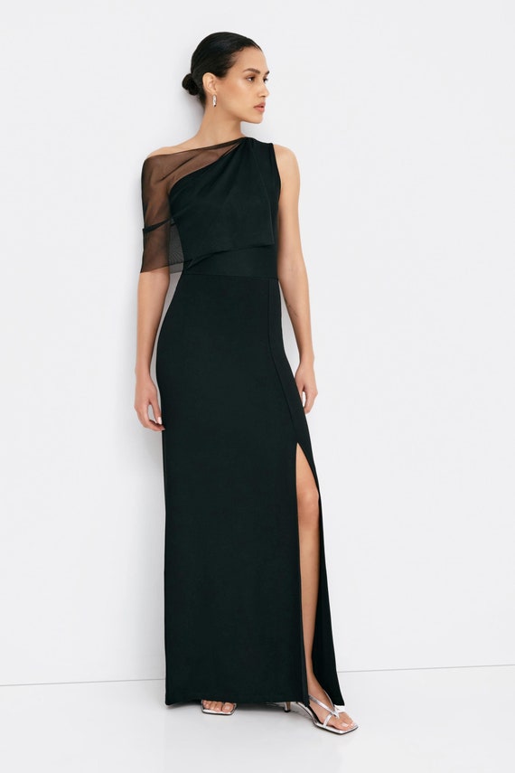 Black Mesh Dress Sleeveless Floor Length Gown Fitted Formal Dress One Shoulder Dress Mesh Cocktail Gown Zinnia Dress MD2148 Etsy Canada