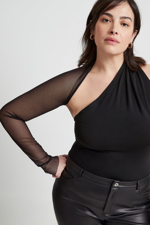 Mesh Sleeve Top, One Shoulder Wrap Top, Asymmetrical One Sleeve Top,  Backless Black Top, Manhattan Mesh Sleeve Top, Marcella MB0001 