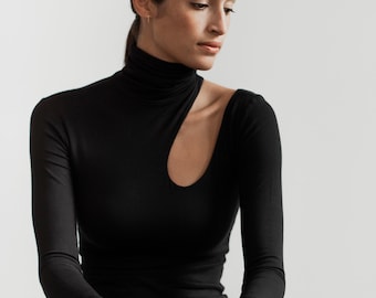 High-Neck Blouse, Cut-Out Mock Neck Top, Fitted Turtleneck Long Sleeve Top, Asymmetrical Cold Shoulder Top, Allegra Top, Marcella - MB0863