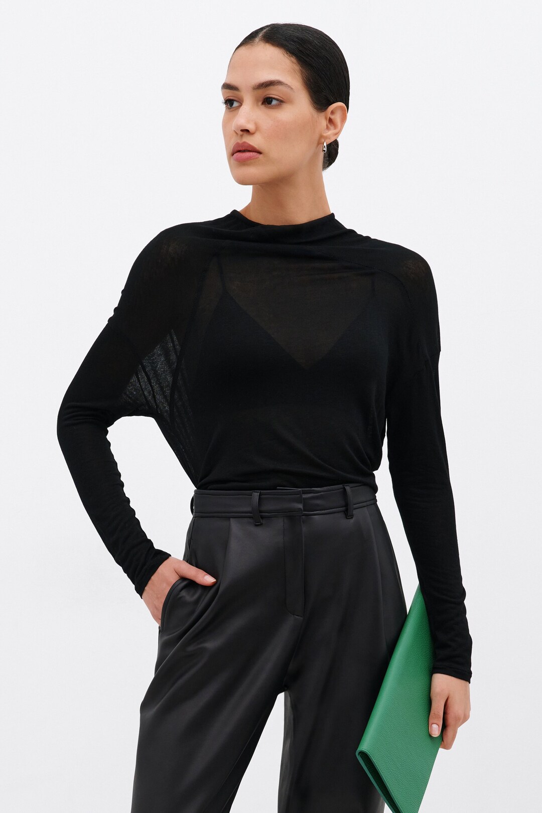 NEW Sheer Black Long Sleeve Top, Draped Fitted Blouse, Batwing Blouse ...