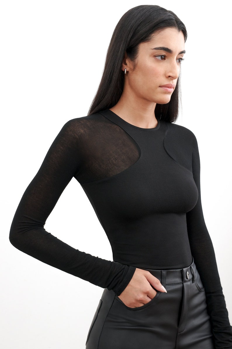 Sheer Black Cut Out Top, Long Sleeve Top, Geometric Cutout Top, Sheer Paneled Top, Fitted Top, Yada Top, Marcella MB2113 image 1