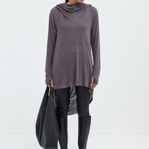 Black Draped Oversized Tunic, Asymmetrical Hem Hoodie, Comfy Cowl Neck Top, Hooded Pullover, Sheer Jersey Top, Oslo Tunic, Marcella MB1847 image 7