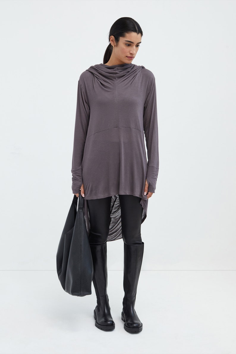 Black Draped Oversized Tunic, Asymmetrical Hem Hoodie, Comfy Cowl Neck Top, Hooded Pullover, Sheer Jersey Top, Oslo Tunic, Marcella MB1847 image 7