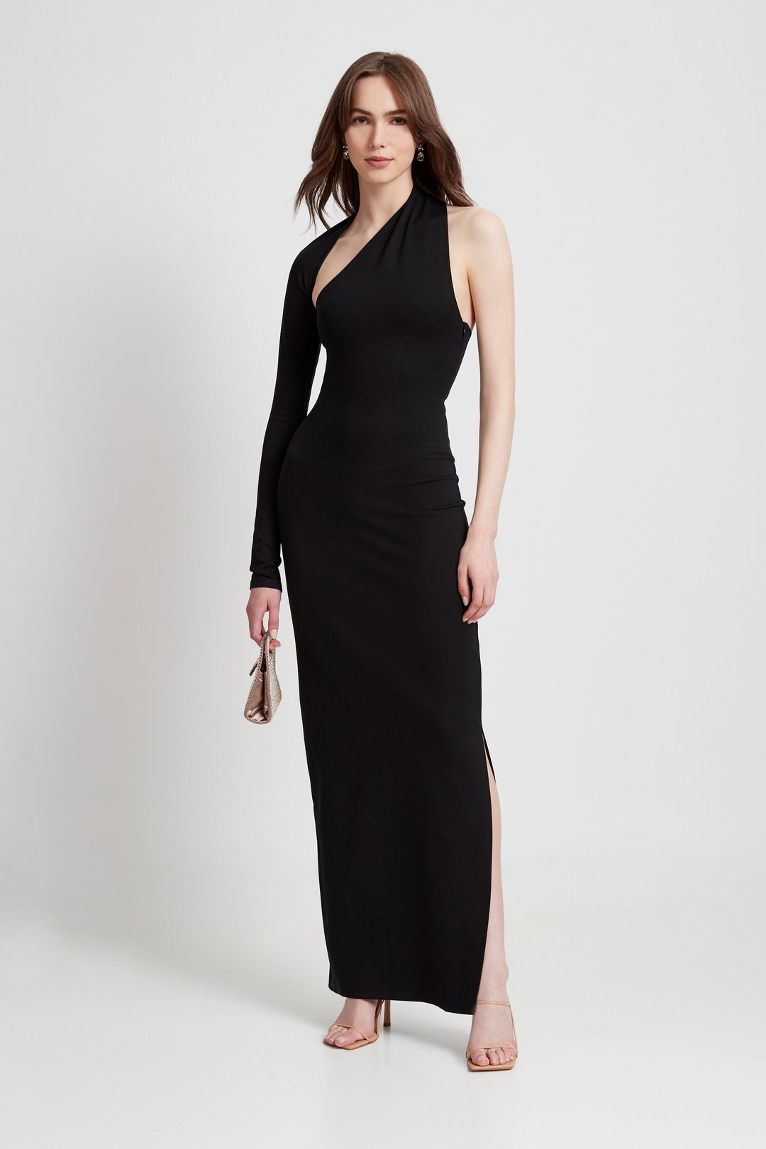 Black One-Shoulder Maxi Dress with Side Slit – Elegant Evening & Party Gown for Women main image 1