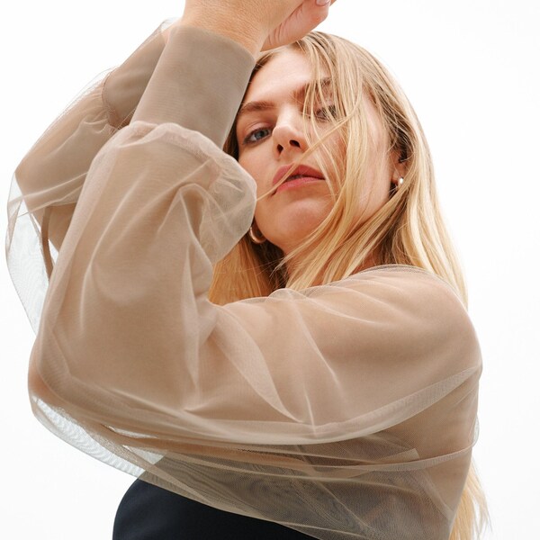 Tan Mesh Cocktail Shrug See Through Bolero, Beige Puff Sleeve Mesh Shrug, Wedding Tulle Bolero, Olympia Bolero, Marcella - MC1489