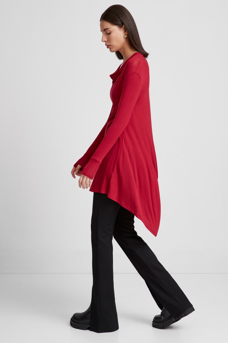 Red Long Draped Back Tunic, Casual Asymmetric Long Top, Cowl Neck Tunic, Sheer Tunic, Off-Shoulder Tunic, Yorkville Tunic, Marcella MB2020 image 3