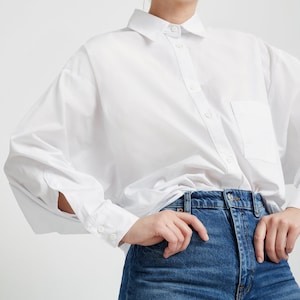 Oversized Button Up Shirt, Boyfriend Shirt, Collared Button Down Top, Balloon Sleeve Top, Workwear, Raphaela Shirt, Marcella MB1757 Off White 02-H