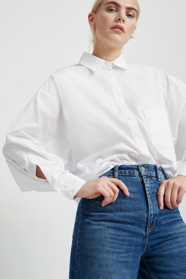 Oversized Button Up Shirt, Boyfriend Shirt, Collared Button Down Top, Balloon Sleeve Top, Workwear, Raphaela Shirt, Marcella MB1757 Off White 02-H