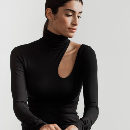 High-Neck Blouse, Cut-Out Mock Neck Top, Fitted Turtleneck Long Sleeve Top, Asymmetrical Cold Shoulder Top, Allegra Top, Marcella orders - MB0863