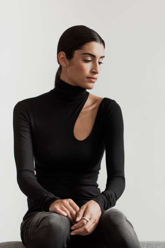 High-neck Blouse Cut-out Mock Neck Top Fitted Turtleneck - Etsy Canada