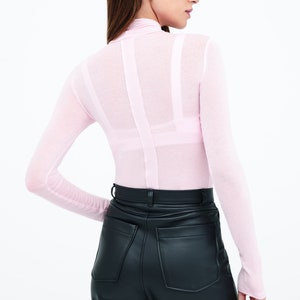 NEW Light Pink Sheer Fitted Turtleneck Top, Long Sleeves, Fitted Long Sleeve Tee, Vertical Panel Top, Amsterdam Top, Marcella MB2252 image 4