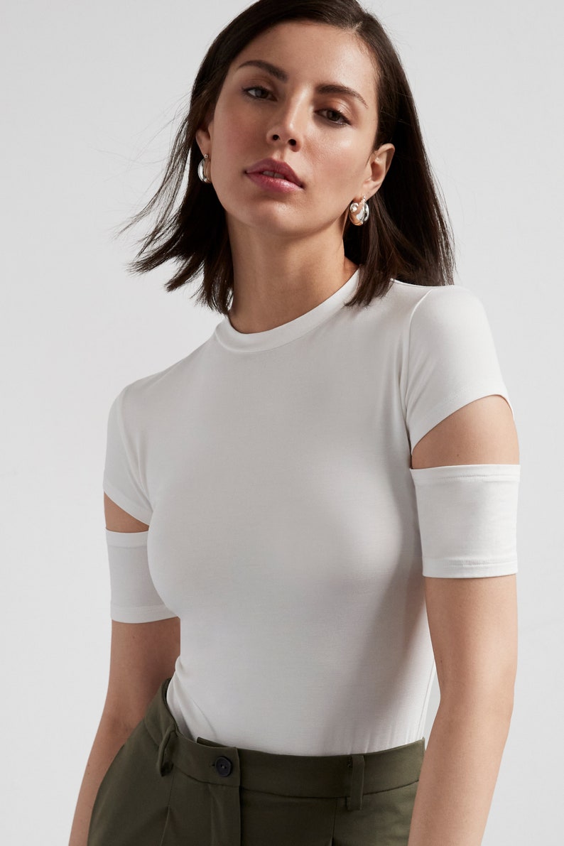 Cutout Top, Fitted Top, Cut Out Sleeves, Slit Sleeves, Crew Neck Tee, Stretchy Top, Short Sleeve Tee, Esme Top, Marcella MB1443 Off White 03-A