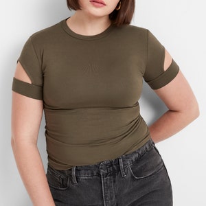 Light Beige Top, Cutout Fitted Tee, Fitted Top, Top With Cut Out Sleeves, Short Sleeve Top, Crewneck Top, Kent Top, Marcella MB1974 Olive 43-A