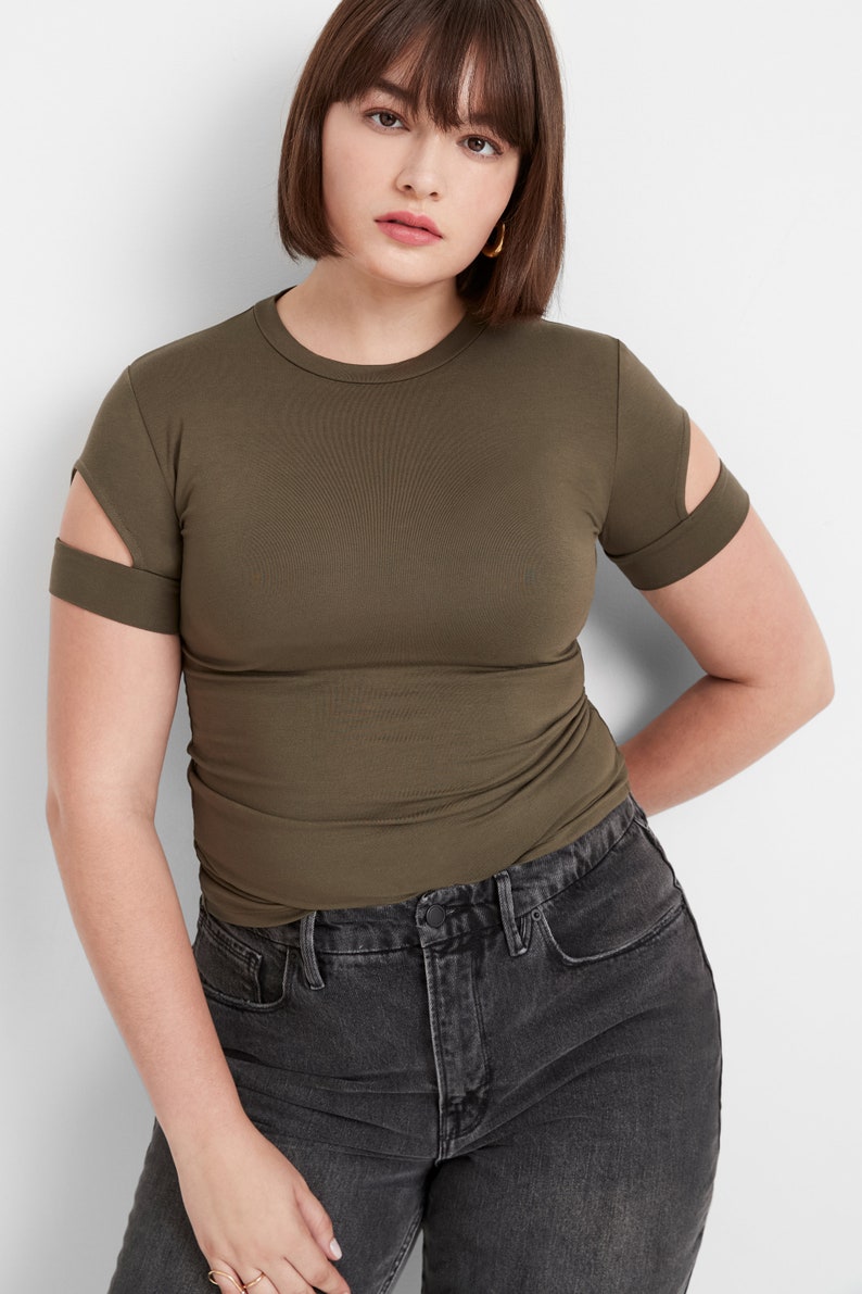 Light Beige Top, Cutout Fitted Tee, Fitted Top, Top With Cut Out Sleeves, Short Sleeve Top, Crewneck Top, Kent Top, Marcella MB1974 Olive 43-A