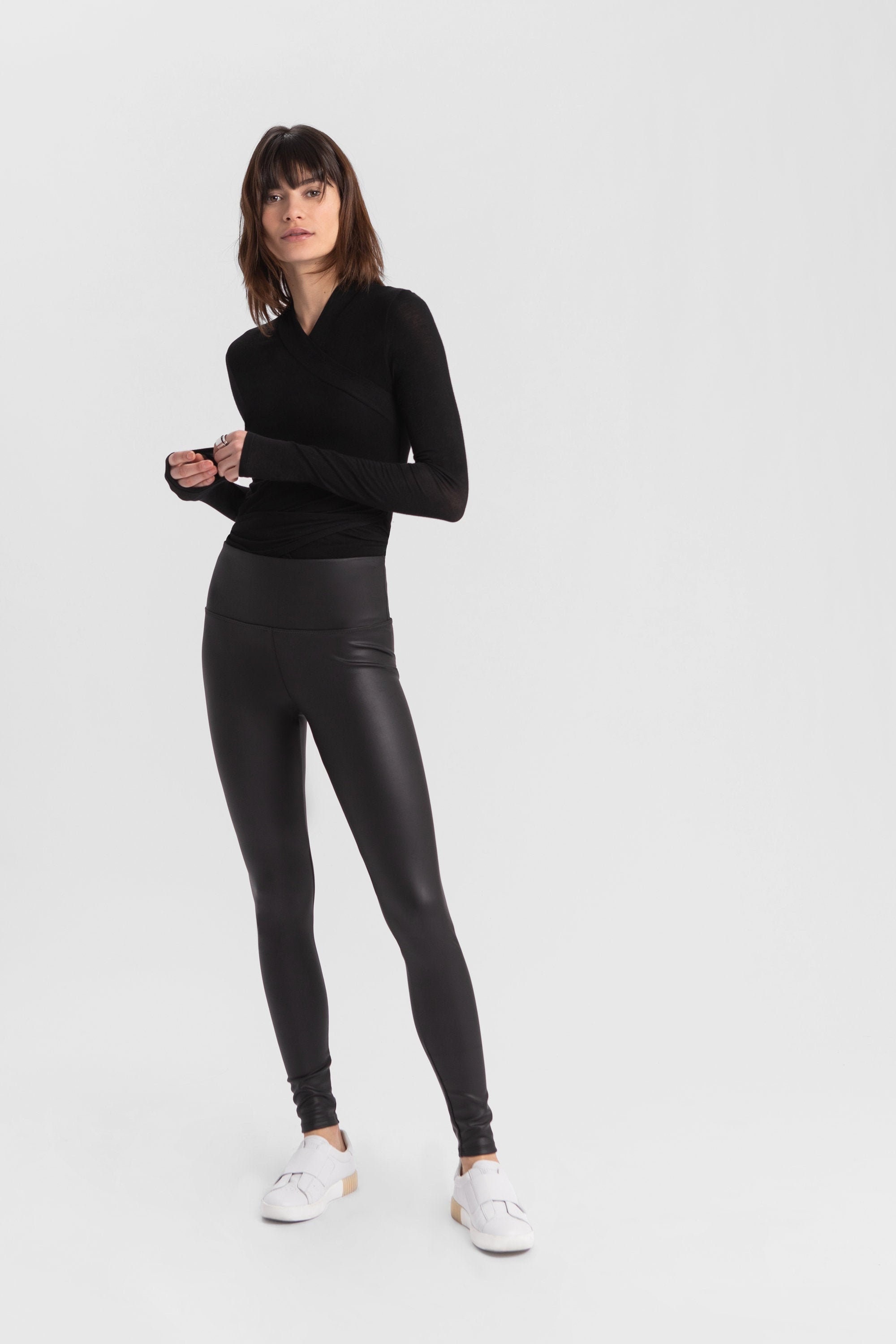 QWERBAM Leather Legging Black Shiny Pants Skinny Slim Legs