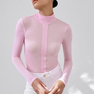 NEW Light Pink Sheer Fitted Turtleneck Top, Long Sleeves, Fitted Long Sleeve Tee, Vertical Panel Top, Amsterdam Top, Marcella MB2252 image 2