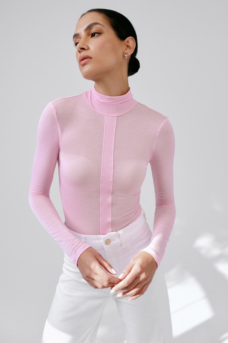 NEW Light Pink Sheer Fitted Turtleneck Top, Long Sleeves, Fitted Long Sleeve Tee, Vertical Panel Top, Amsterdam Top, Marcella MB2252 image 2