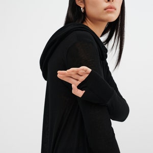 Black Draped Oversized Tunic, Asymmetrical Hem Hoodie, Comfy Cowl Neck Top, Hooded Pullover, Sheer Jersey Top, Oslo Tunic, Marcella MB1847 image 2