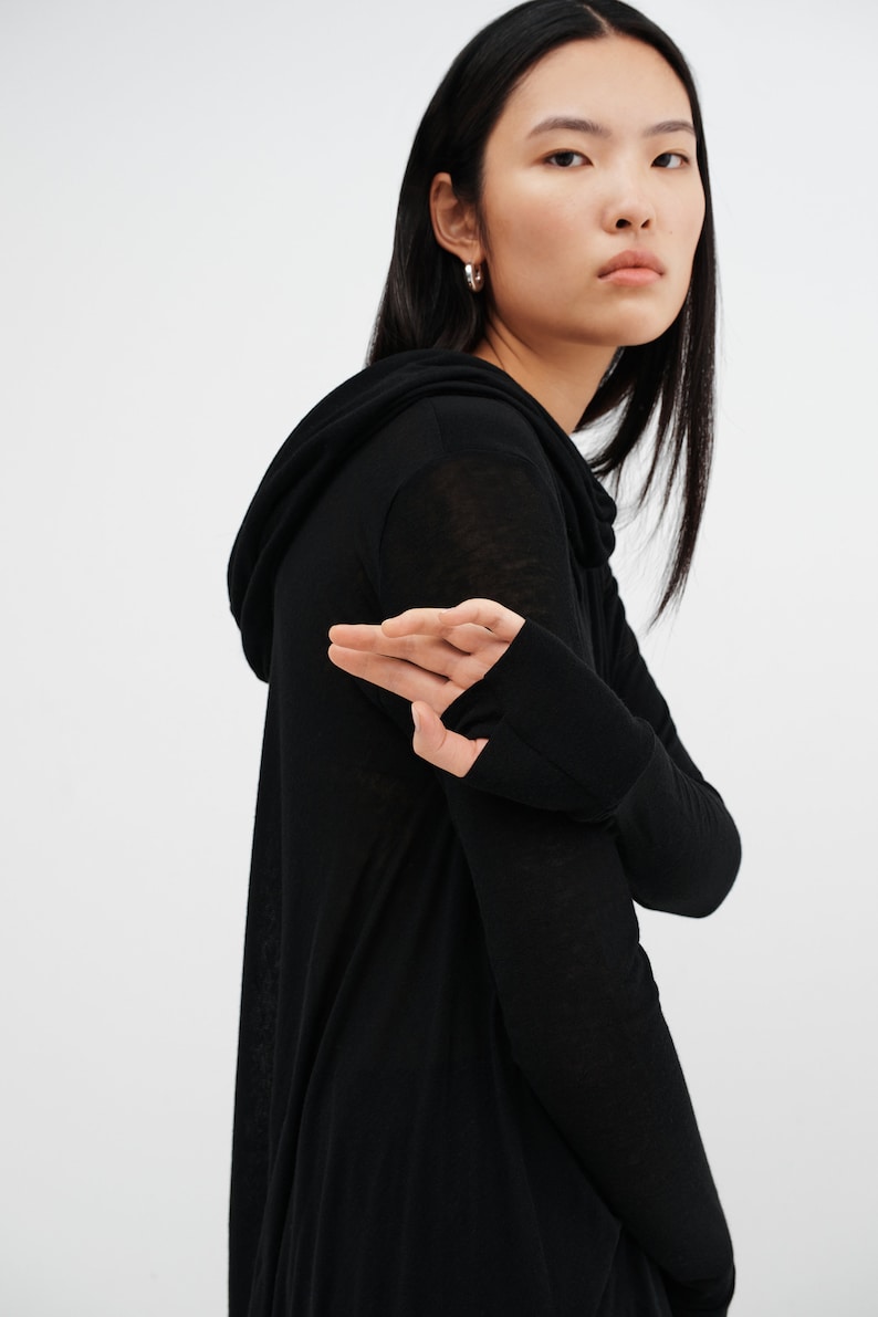 Black Draped Oversized Tunic, Asymmetrical Hem Hoodie, Comfy Cowl Neck Top, Hooded Pullover, Sheer Jersey Top, Oslo Tunic, Marcella MB1847 image 2