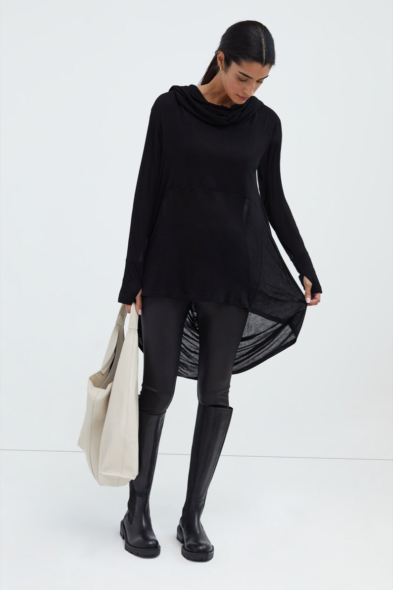 Black Draped Oversized Tunic, Asymmetrical Hem Hoodie, Comfy Cowl Neck Top, Hooded Pullover, Sheer Jersey Top, Oslo Tunic, Marcella MB1847 Black 01-B