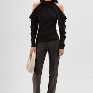 Black Cold Shoulder Blouse, Black Cutout Top, Long Sleeve Top, Fitted Top, Puff Sleeve Top, Perry Cold Shoulder Top, Marcella MB1962 image 3