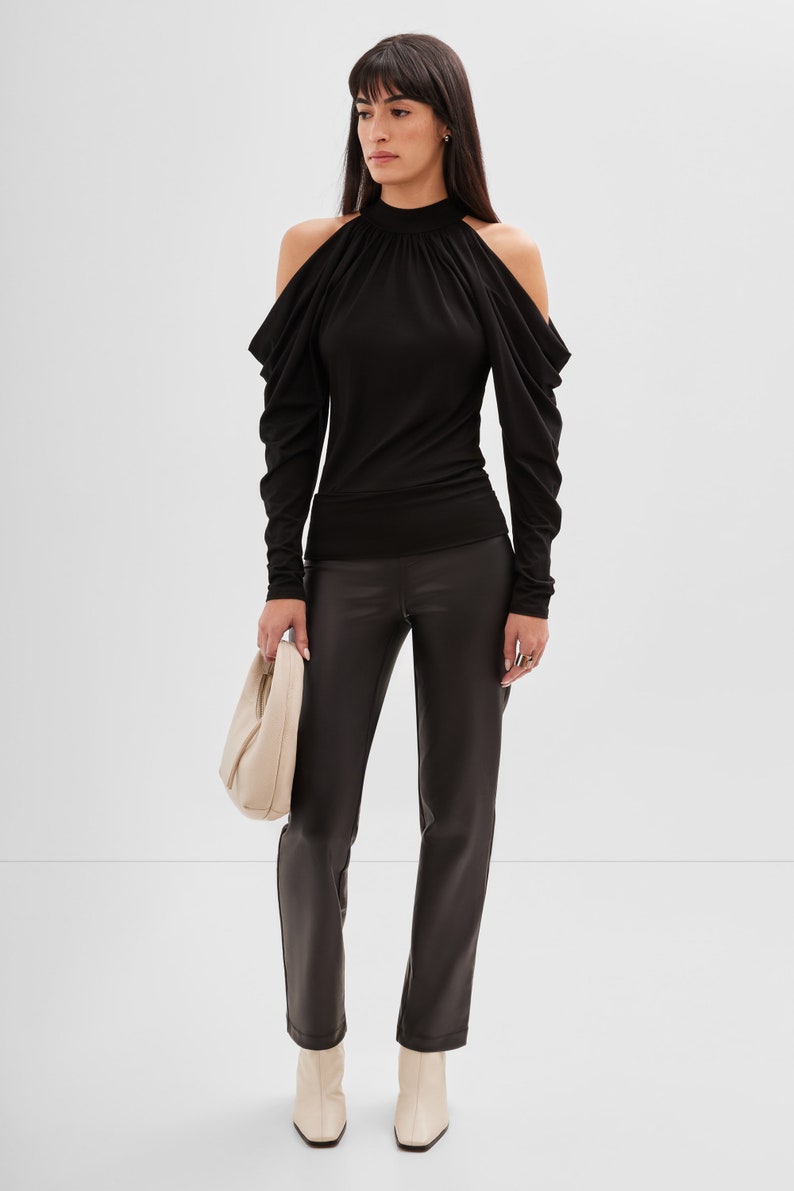 Black Cold Shoulder Blouse, Black Cutout Top, Long Sleeve Top, Fitted Top, Puff Sleeve Top, Perry Cold Shoulder Top, Marcella MB1962 image 3