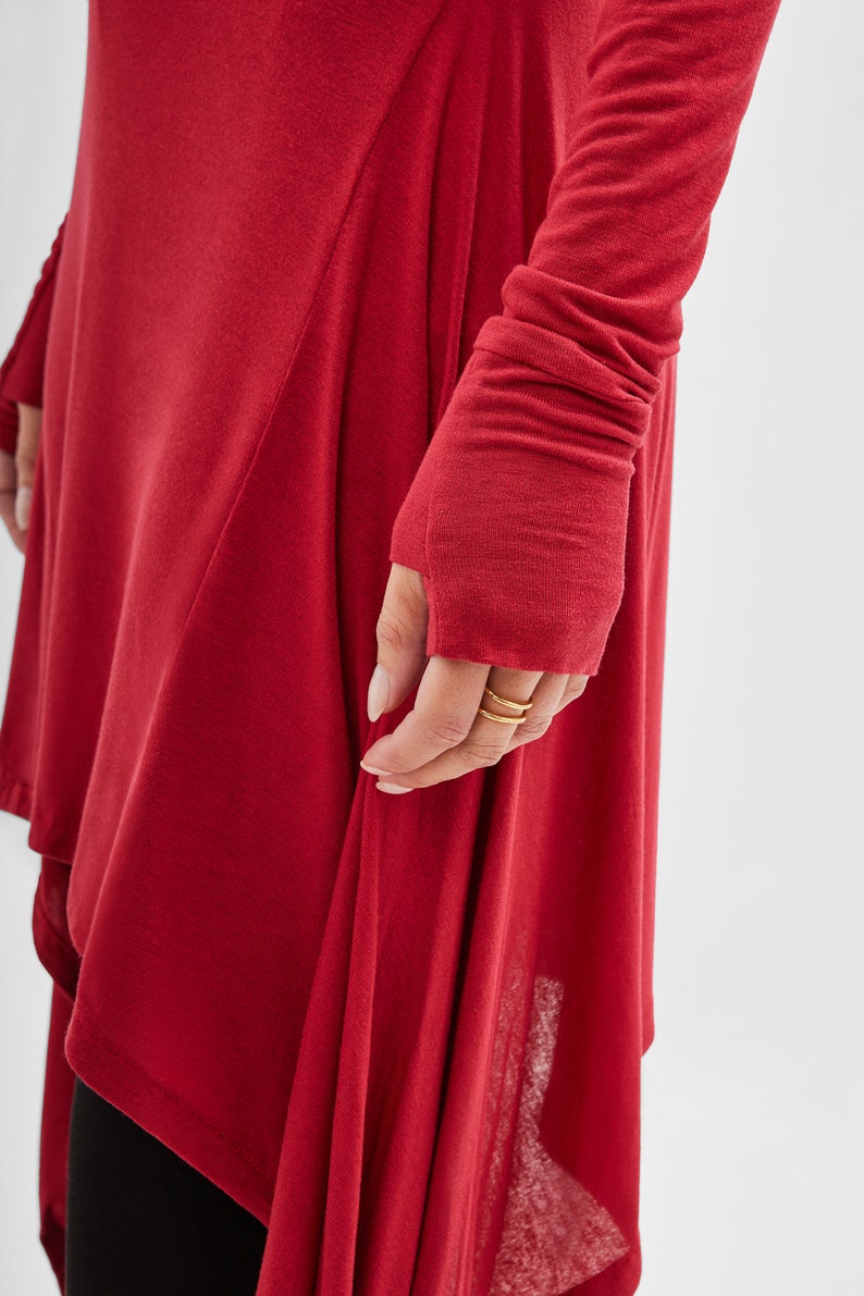 Red Long Draped Tunic, Asymmetric Long Top, Casual Long Sleeve Tunic, Mock Neck Tunic Top, Sheer Tunic, Stef Tunic, Marcella MB2029 image 2