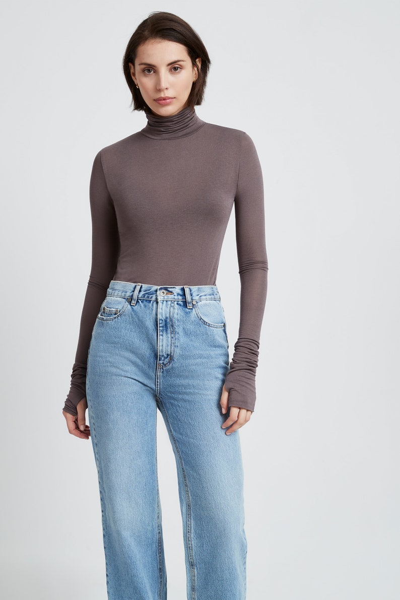 Sheer Fitted Turtleneck Top with Thumbholes, Long Sleeves, Fitted Long Sleeve Tee, Eloise Sheer Turtleneck Top, Marcella MB1735 image 7