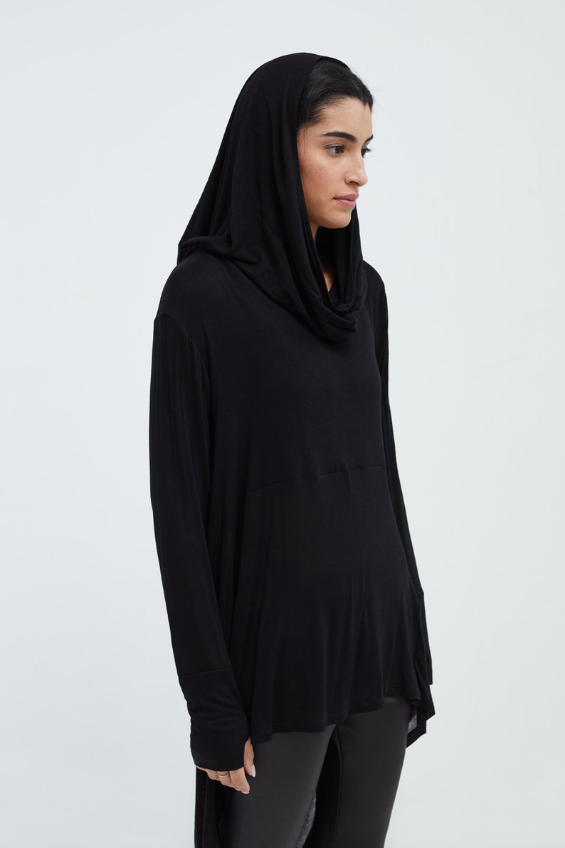 Black Draped Oversized Tunic, Asymmetrical Hem Hoodie, Comfy Cowl Neck Top, Hooded Pullover, Sheer Jersey Top, Oslo Tunic, Marcella MB1847 image 3