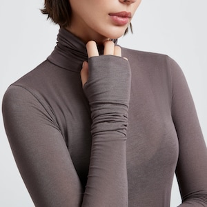 Sheer Fitted Turtleneck Top with Thumbholes, Long Sleeves, Fitted Long Sleeve Tee, Eloise Sheer Turtleneck Top, Marcella MB1735 Anthracite 12-B
