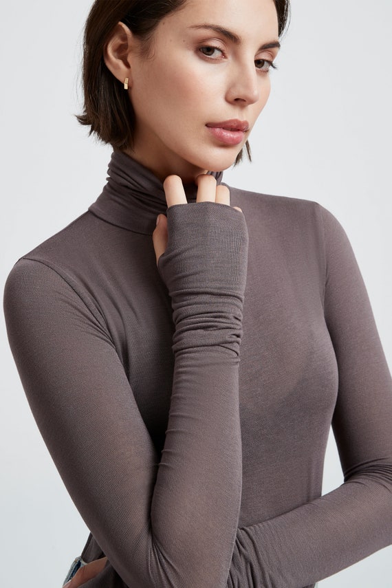 Sheer Long Sleeve Top Extra Long Sleeves Fitted Turtleneck 