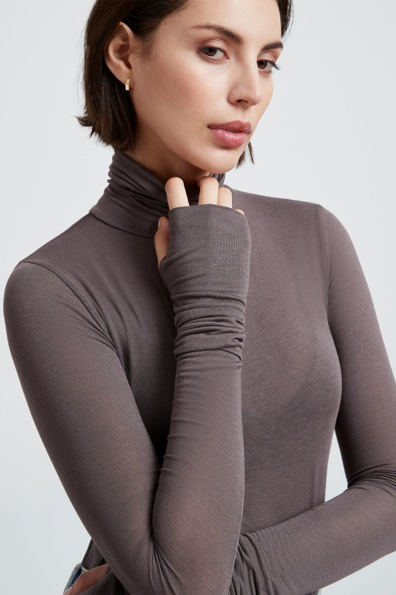 Sheer Long Sleeve Top, Extra Long Sleeves, Fitted Turtleneck Top, Sheer Winter Top, Eloise Sheer Turtleneck Top, Marcella MB1735 Anthracite 12-B