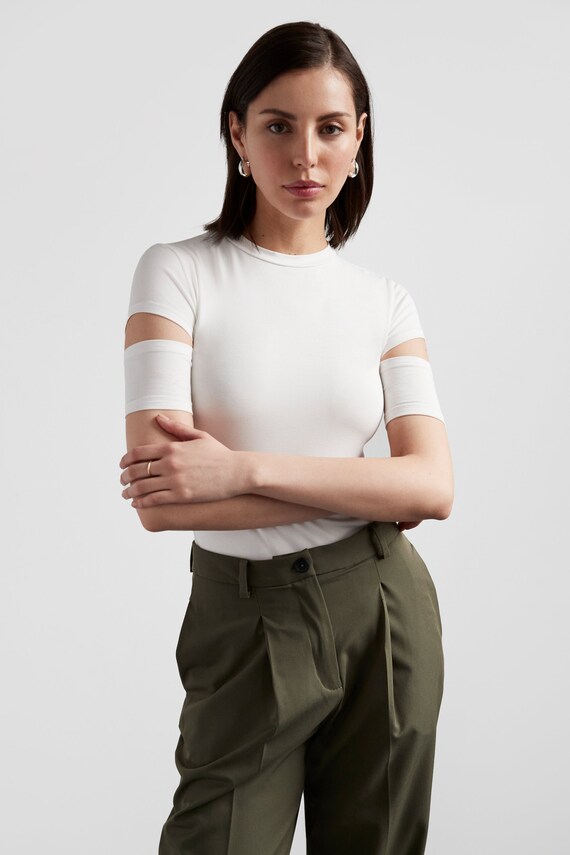 Cut Out Sleeve Top Fitted Tee Crew Neck 
