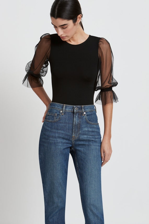 Mesh Puff Sleeve Bodysuit, Scoop Neck Top With Puff Sleeves, Mesh Bodysuit,  Balloon Top, Bellerose Bodysuit, Marcella MB1669 