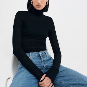 Fitted Turtleneck Top with Thumbholes, High Neck Top, Long Sleeve Top, Fitted Long Sleeve Tee, Eloise Turtleneck Top, Marcella - MB1735