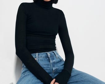 Fitted Turtleneck Top with Thumbholes, High Neck Top, Long Sleeve Top, Fitted Long Sleeve Tee, Eloise Turtleneck Top, Marcella - MB1735