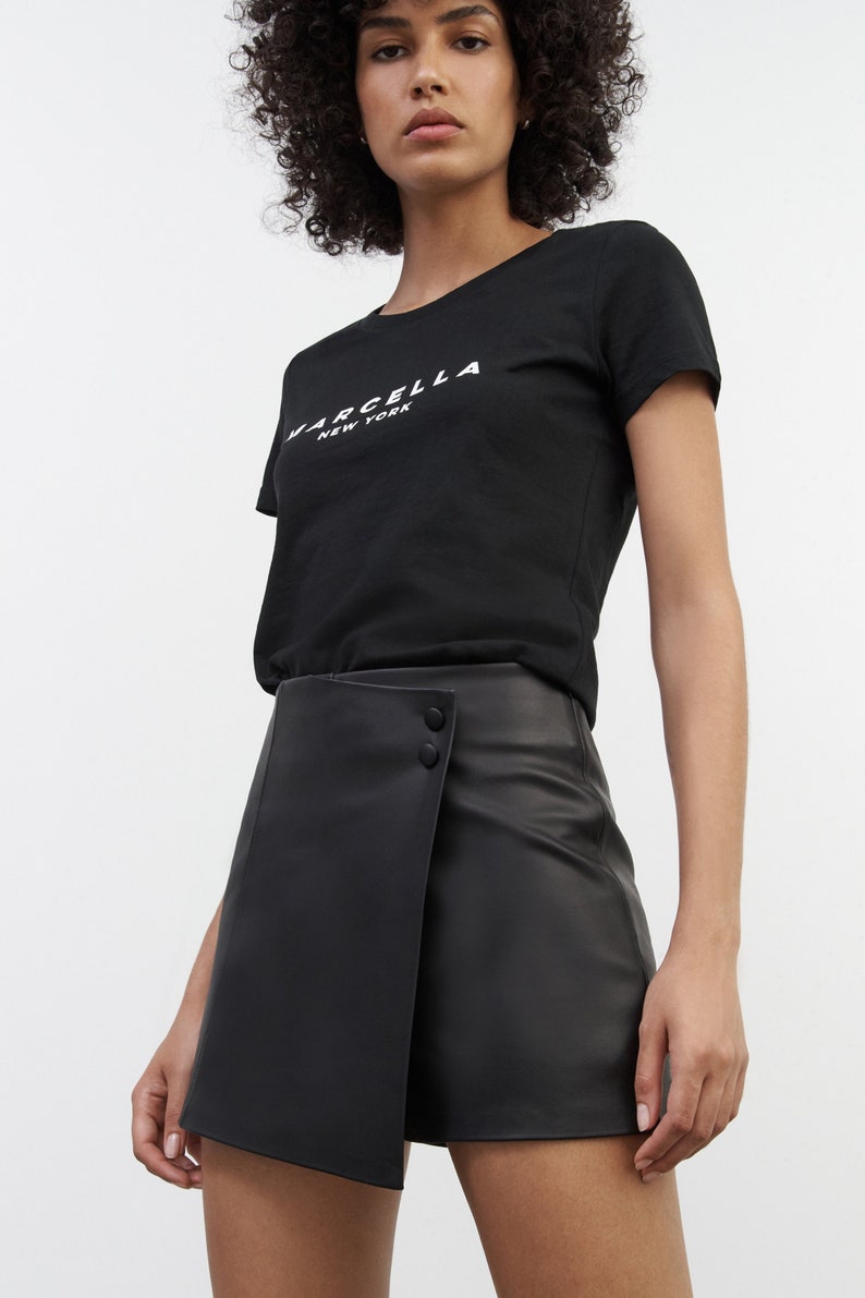 Faux Leather Skirt, Vegan Leather Mini Skirt With Shorts, Matte Leather, Asymmetric Short Skirt, Lindy Skort, Marcella - MP1955