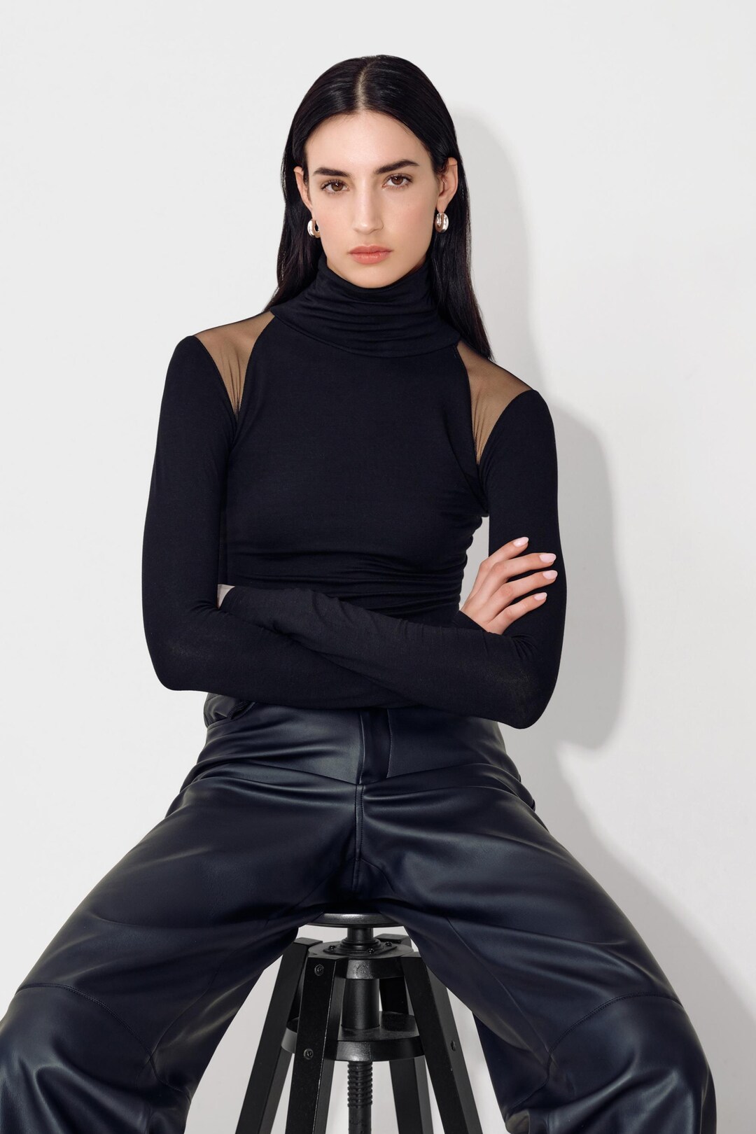 Cold Shoulder Turtleneck, Long Sleeve Shirt, Mesh Cutout Top
