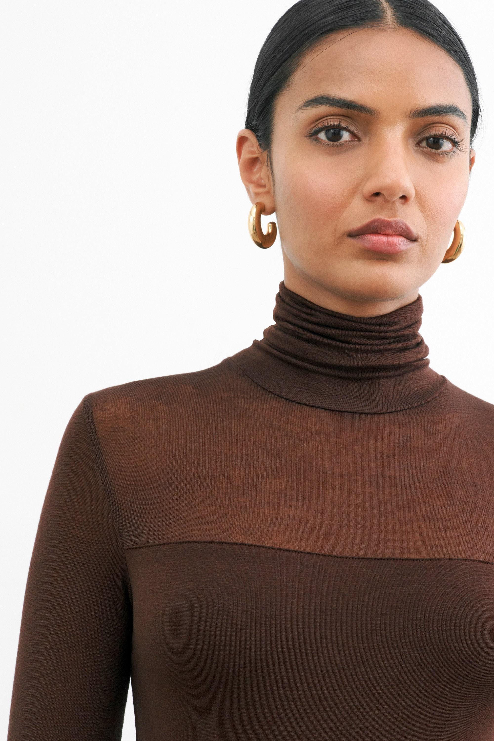 High Neck Long Sleeve Top, Brown Fitted Turtleneck Top