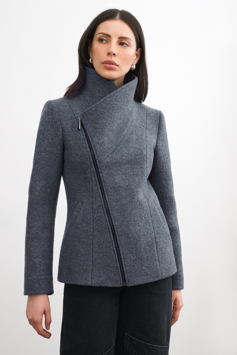 Grey Wool Jacket, Wool Coat, High Collar Jacket, Winter Coat, Wool Jacket, Asymmetric Zip Up Coat, Essex Coat, Marcella MC2117 Medium Grey 11-R