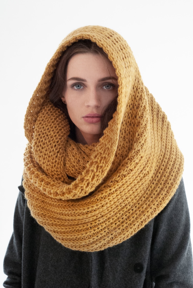 Oversized Scarf, Knit Wool Scarf, Chunky Knit Scarf, Infinity Scarf, Winter Shawl, Knit Loop Scarf, London Infinity Scarf, Marcella MA0402 Burnt Yellow 23-K