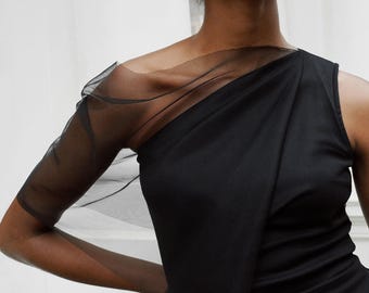 Black Mesh Cocktail Top, Asymmetric Evening Top, Dressy Top