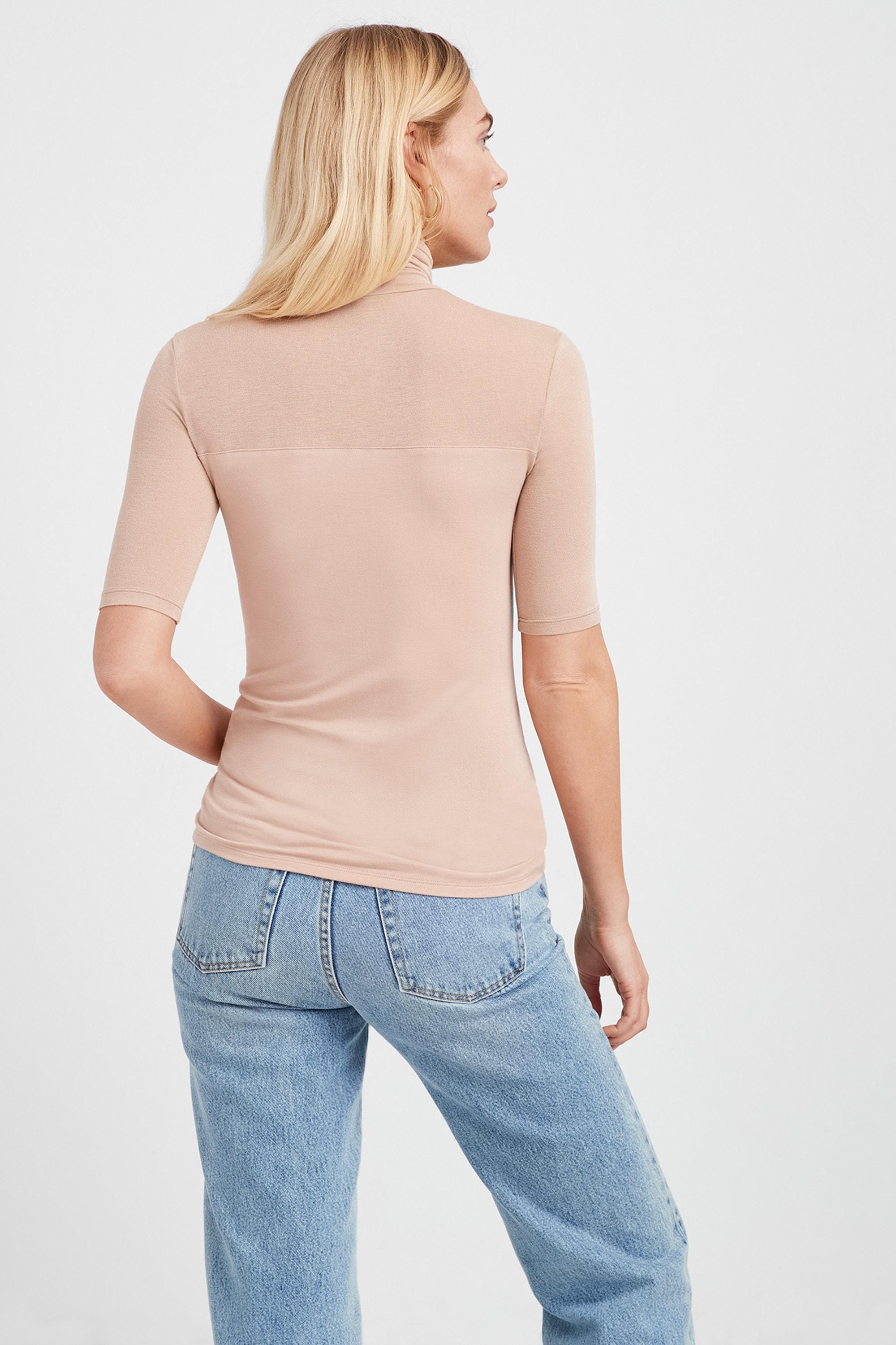 Beige Fitted Turtleneck, Half Sleeve Turtleneck With Sheer