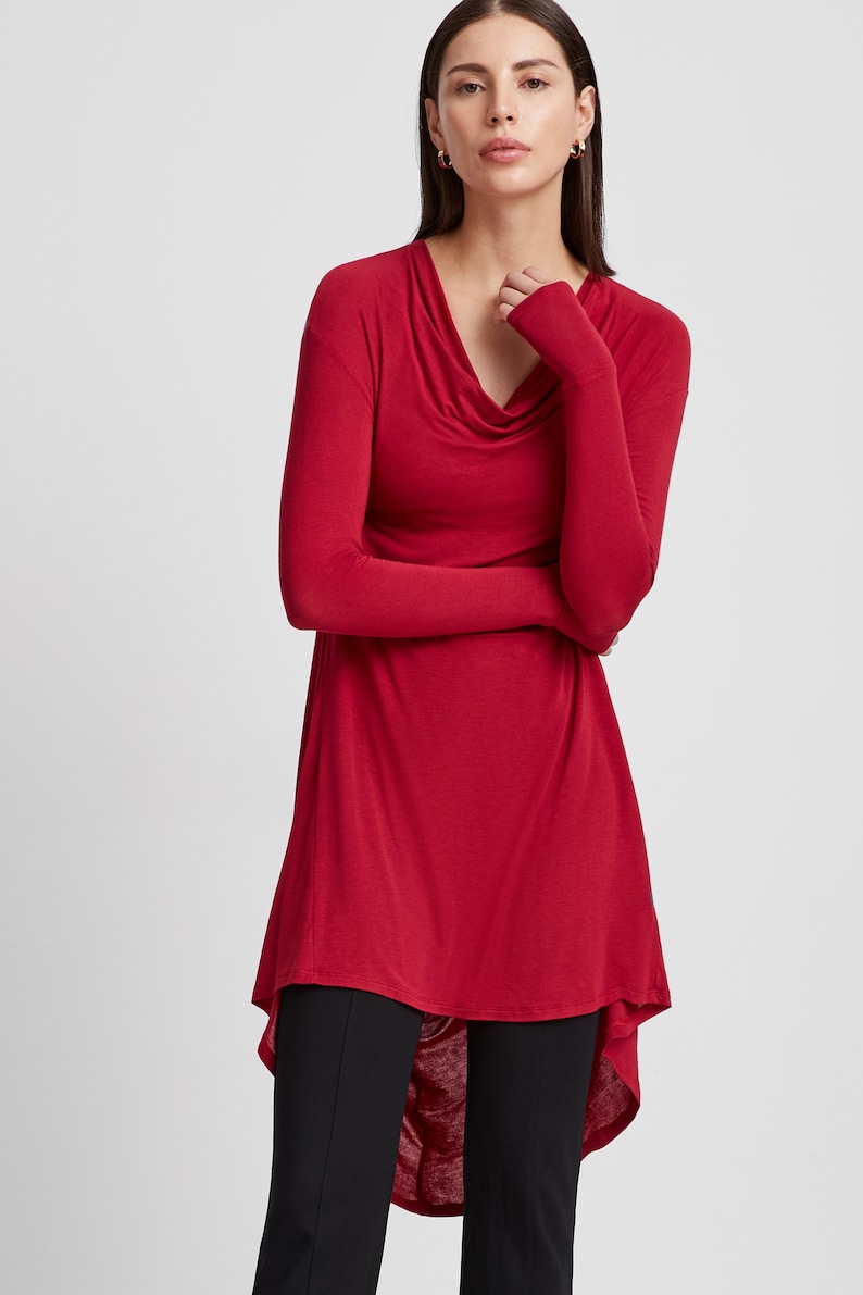 Red Long Draped Back Tunic, Casual Asymmetric Long Top, Cowl Neck Tunic, Sheer Tunic, Off-Shoulder Tunic, Yorkville Tunic, Marcella MB2020 image 2