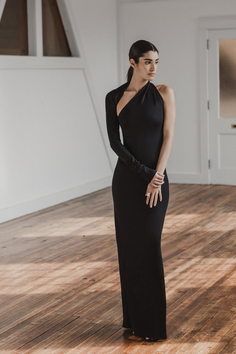 One Shoulder Gown, Backless Dress, One Sleeve Dress, Event Gown, Floor Length Dress, Manhattan One Shoulder Gown, Marcella MD0141 Black 01-C