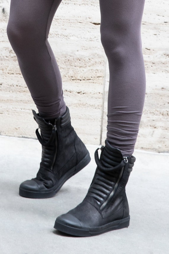 black leather sneaker boots