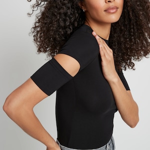 Cutout Top, Fitted Top, Cut Out Sleeves, Slit Sleeves, Crew Neck Tee, Stretchy Top, Short Sleeve Tee, Esme Top, Marcella MB1443 Black 01-A