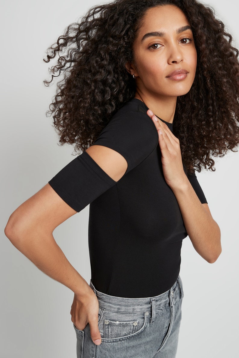 Cutout Top, Fitted Top, Cut Out Sleeves, Slit Sleeves, Crew Neck Tee, Stretchy Top, Short Sleeve Tee, Esme Top, Marcella MB1443 Black 01-A