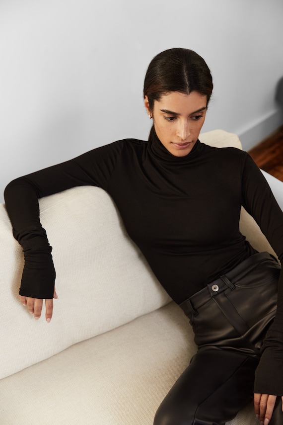 Fitted Turtleneck Top With Thumbholes 